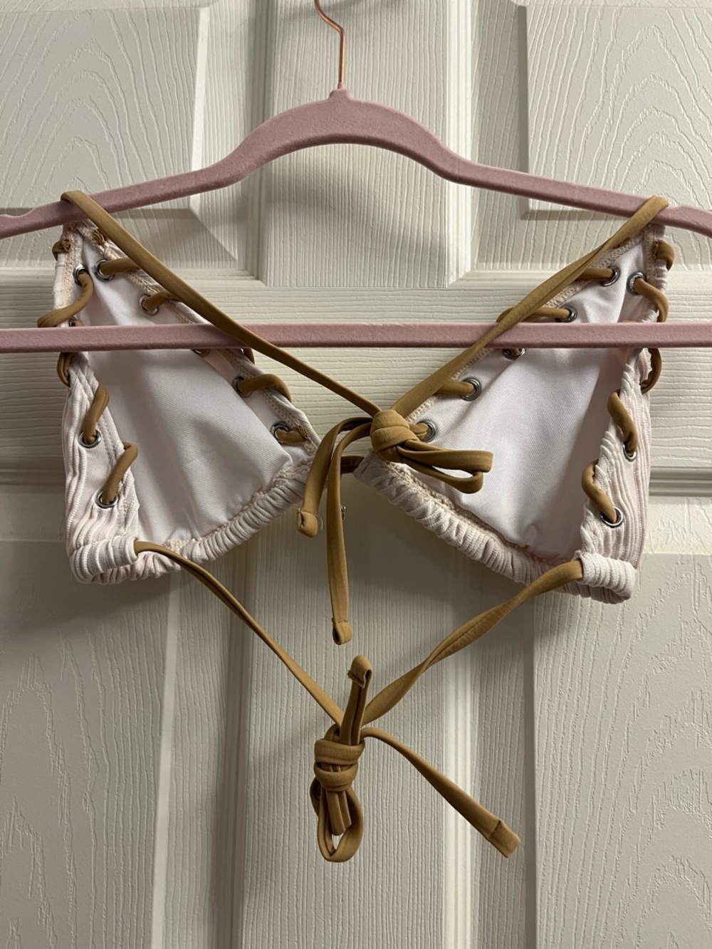 Off White Ribbed Lace-Up Bikini with Tan and Silver Accents 3 Piece Small New - Picture 6 of 10